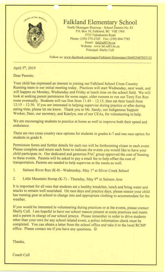 X-Country Running Intrest Letter